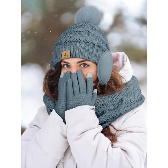 Women Light Blue Knit Beanie Hat, Gloves, Scarf & Ear Warmer Set - Winter - Picture 6 of 7